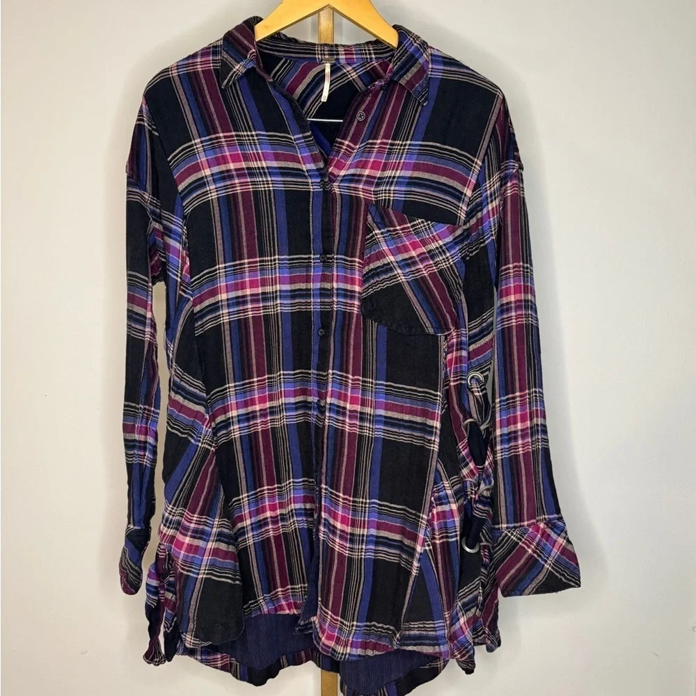 Free People Multicolor Plaid Oversized Shirt Mini Dress